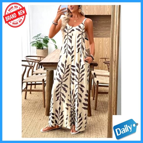 Large Wide Leg Jumpsuit Spaghetti Strap Boho Romper with Pockets - Picture 2 of 5